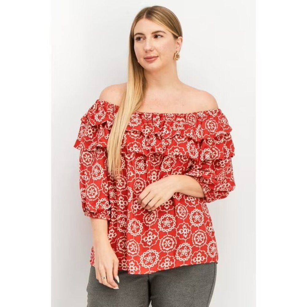 VINCE CAMUTO Womens Red Ruffled Curved Hem Printed 3/4 Sleeve Off Shoulder Top X